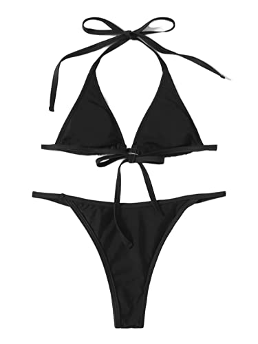 WDIRARA Women's Skull Pattern Halter Triangle Thong Sexy 2 Piece Bikini Swimsuit2