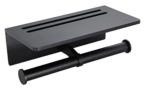 Smarthome Toilet Paper Holder - Aluminium Double Roll Toilet Tissue Holder With Mobile Phone Shelf For Bathroom, 3M Self Adhesive No Drilling Or Wall-Mounted With Screws, Rustproof Modern Style Black #TOP7