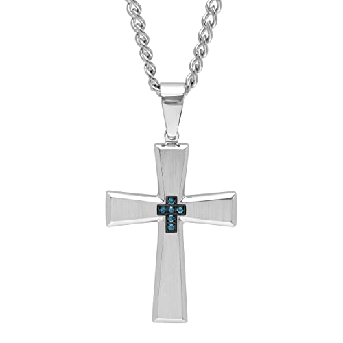 Men's Blue Stainless Steel Flared Cross Pendant on 24