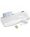 SABLUTE KM23D Wireless Keyboard and Mouse Set, 2.4G Ergonomic Cordless Set with Wrist Rest, Phone Holder, Batteries Included, Lag-Free Silent Combo for Laptop, PC, Mac, Windows - White