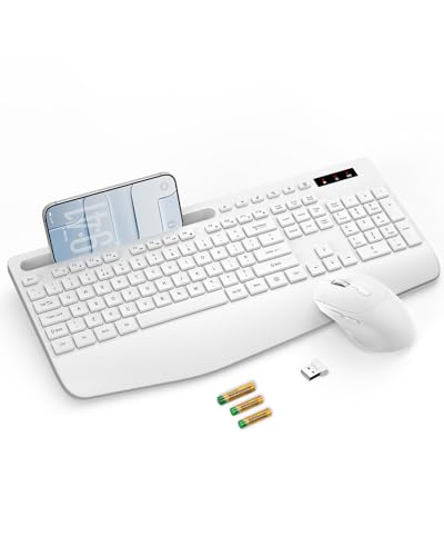 Wireless Keyboard and Mouse Set, 2.4G Ergonomic Cordless Set with Wrist Rest, Phone Holder, Batteries Included, Lag-Free Silent Keyboard and Mouse Combo for Laptop, PC, Mac, Windows - White