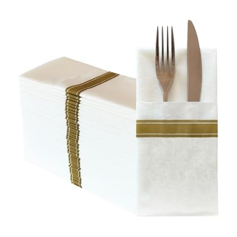 JEBBLAS Disposable Linen Feel Napkins, Built-in Flatware Pocket, Decorative Wedding Napkins, Folded Cloth Like Party Napkin, Soft, Strong, Absorbent, and Pre-folded, 100 Pack, Gold Print Cover