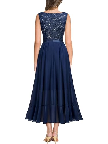 Image of Miusol Women's Vintage V-Neck Sleeveless Sequined Floral Lace Ruffle Split Evening Party Dress (X-Large, A-Navy Blue)