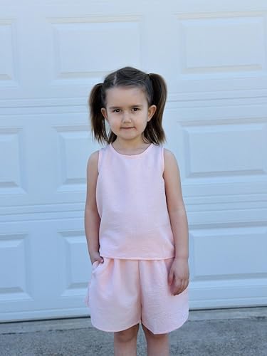 Image of Arshiner Girls Summer 2 Piece Outfit Sleeveless Top and Paperbag Waist Shorts with Pockets Kids Shorts Set Ages 5-13