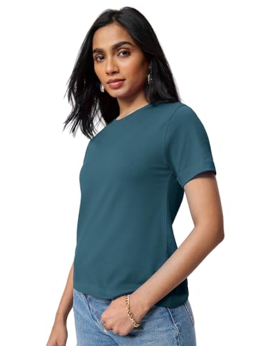 Image of The Souled Store Casual Classics: Women and Girls Short Sleeves Spread Collar Solid Cotton Regular Fit Breathable Lightweight Trendy Everyday T-Shirt