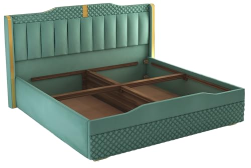 Image of MODESTY WOODS Cozy Upholstered Queen Size Bed with Box Storage for Bedroom | Elegant Wooden Double Bed with Storage | Platform Cot Palang with Upholstery Headboard | 6.5 x 5 Ft | Sheesham Wood, Green