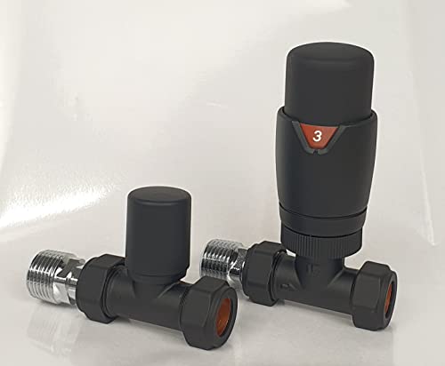 Oslo Black Straight Designer TRV - Válvula termostática para radiador y toallero Oslo Straight Black TRV y válvula de protección de bloqueo 1/2" - 15mm Cover