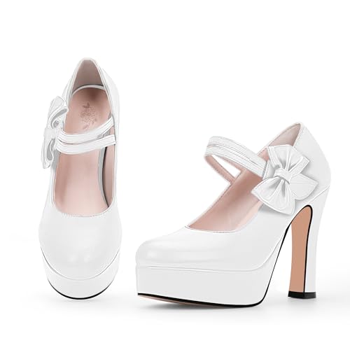 Women's Bow Plafrom High Heel Mary Janes Pumps Hook Loop Round Toe Dress Shoes3