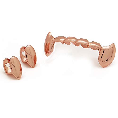 LuReen Rose Gold Vampire Dracula Teeth Grillz 2pc Single Fangs and 6 Bottom Grillz Set