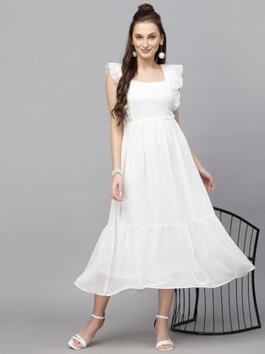 Image of Sugathari Georgette Jacquard Butti Square Neck Knee Length Western Dresses for Women (Dress2 89)