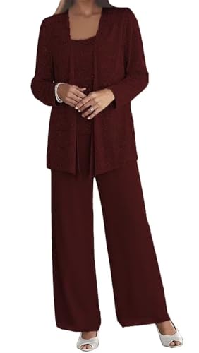 Elegant Burgundy Chiffon Pantsuit Ensemble for Mothers