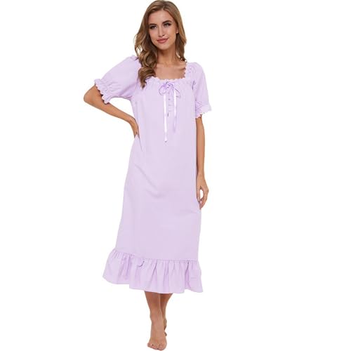 Image of Lu's Chic Women's Victorian Nightgown Cotton Sleepwear Long Loungewear Short Sleeve Vintage