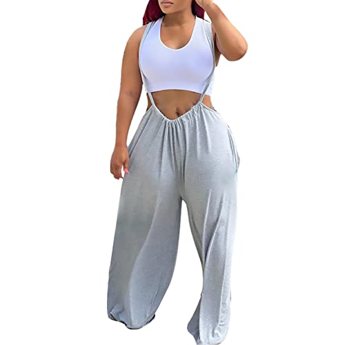 Women's Casual Sports Home Solid Color Loose Suspenders Pants Comfortable Pants Breathable Soft Baggy Pants (Grey, M)2