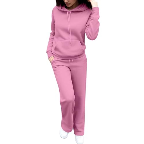 YCBMINGCAN Chándal para mujer con capucha y pantalón con pierna ancha, informal de dos piezas como chándal, moderno conjunto de ropa de salón para otoño e invierno, Rosa., S