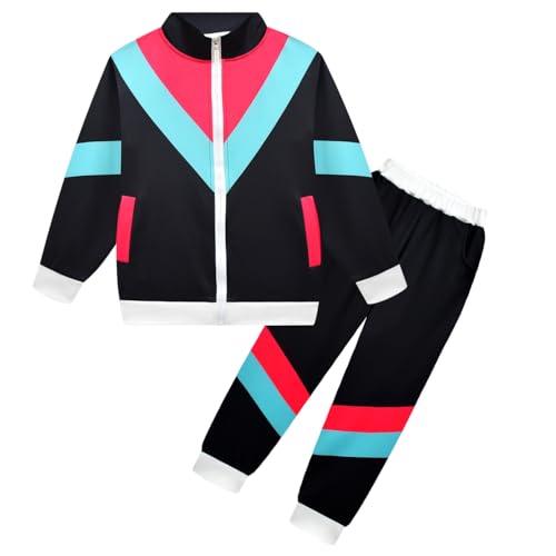 Girls Boys 80s Retro Hip Hop Sportswear Black Jacket Pants Set Disco Tracksuit Outfit Zipper Up Hoodie Set