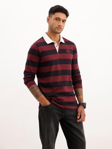Image of WROGN Men's 100% Cotton Polo T-Shirt | Yarn Dyed Stripe Print | Slim Fit