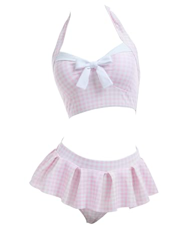 Women's Bikini Sets 50's Retro Vintage High Waist Plaid Self-Halter Bathing Suit with Headband