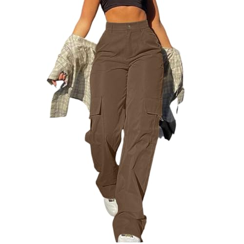 eoeioa Baggy Womens Cargo Pants Y2k Waterproof Button Elastic High Waisted Hiking Pants Wide Leg Pant with Pockets