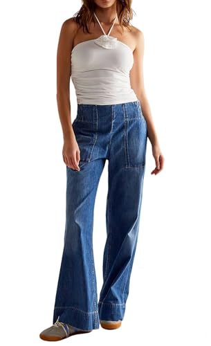 loveimgs Women Western Flare Wide Leg Jeans Denim Pants Mid Rise Elastic Waist Patchwork Cargo Jeans Sweatpants Pockets