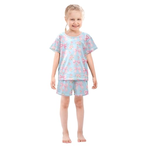 ALAZA Blue Bow Flower Floral Pajamas Set Short Sleeve Cotton Sleepwear Summer Pjs 2 Piece 5-14Y3