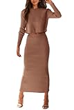 PRETTYGARDEN Women's Fall 2 Piece Sweater Set Rib Knit Long Sleeve Crop Top Maxi Bodycon Skirt Casual Outfits Dress (Brown,Small)