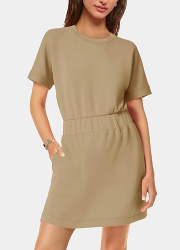 Image of SENSERISE Womens Short Sleeve T Shirt Dresses Crew Neck Solid Color Basic Smocked Waist Dress with Pockets