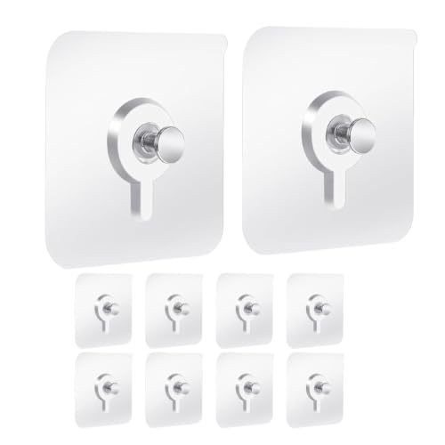 Image of KONVIO NEER Photo Frame Hooks for Wall Without Drilling - 10 Pack Self Adhesive Wall Hooks Heavy Duty | Strong Nail-Free Transparent Stainless Steel Hanging Hooks for Home, Kitchen, Bathroom & Office
