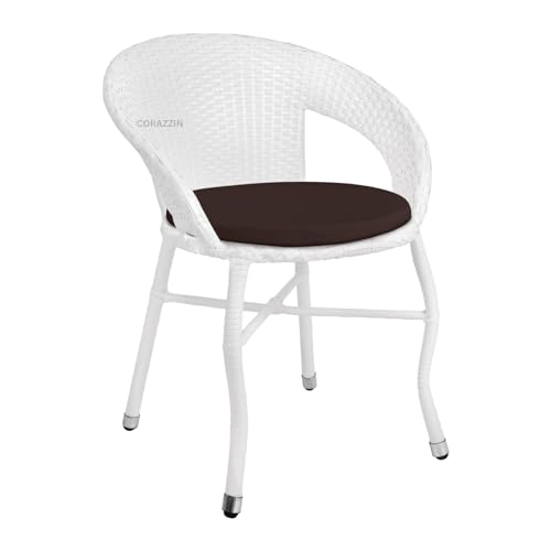 Image of Rattan Wicker Garden Patio Seating Chair and Table Set for Outdoor Balcony Garden Coffee Table Set Furniture with 1 Table and 4 Chairs with Brown Cushion (White)