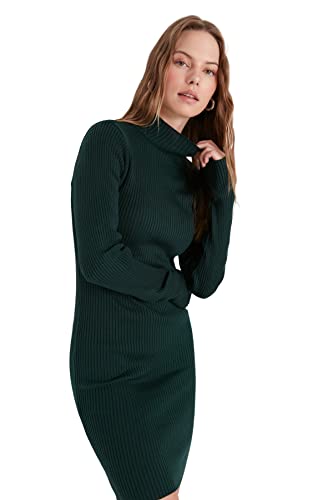 Trendyol Women’s Damen Gerade Mini Lange Ärmel Lässig Schlank Kleid Dress, Emerald Green, M