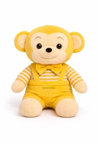 Image of Bow Monkey Soft Toy for Girls Boys Kids, Yellow, Animal Stuffed Baby Teddy Gift Birthday, 25 cm