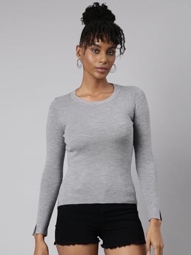 Image of SHOWOFFFF Women Solid Fitted Casual Top | Round Neck Full Sleeves Knitted Top's for Womens | Regular Fit Midi Tops for Women's