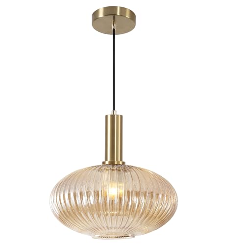 KCO Lighting Vintage Gold Pendant Light Fixture Amber Glass Pendant Light Mid Century Modern Lantern Light Antique Brass Dining Room Light Large Hanging Light Fixture