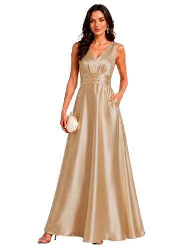 Image of Ever-Pretty Women's Summer Satin V Neck Formal Wedding Guest Dress Floor Length Empire Waist Bridesmaid Dresses with Pockets