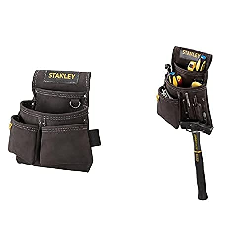 STANLEY Leather Nail and Hammer Pouch with Leather Double Nail Pocket Pouch - Black