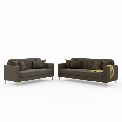 Image of 3+2 Seater Velum Fabric Sofa Set for Living Room, Modern Design with High Density Foam, Solid Wood Frame, Ergonomic Comfortable Seating for Home & Office (Dark Brown, 3+2 Seater) | Soft foam comfort, Strong wood frame