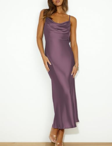 Image of Summer Satin Spaghetti Strap Cowl Neck Backless Midi Dresses for Women Elegant Tie Low Back Ruched Cocktail Dress