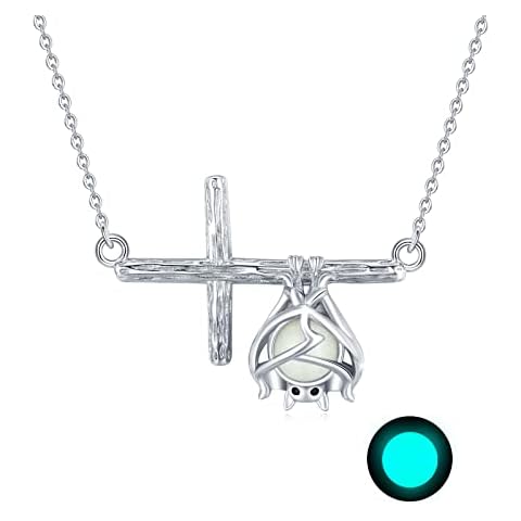 ECHOOY Handstand Bat Necklace Surprise Gift 925 Sterling Silver Cross Necklace for Women Glowing in The Dark Gothic Vampire Halloween Necklace Animal Bat Pendant Moonstone Bat Jewellery Gift Cover