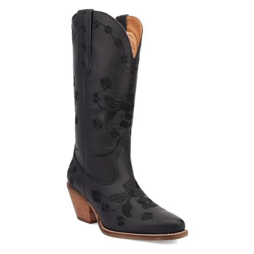 Dingo Womens Love Bug Floral Embroidered Snip Toe Casual Boots Mid Calf Mid Heel 2-3" - Black2