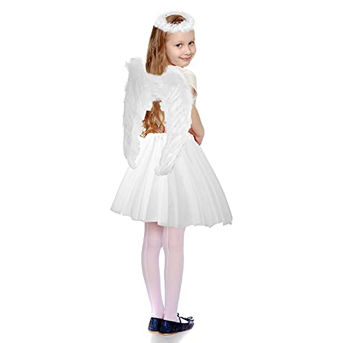 Satinior Angel Costume For Girls Angel Wings And Halo Set 3 Layer Tutu Skirt White Feather Wing (,15.7 X 13.8, 11.8, 15.8-35.4 Inch) #TOP3