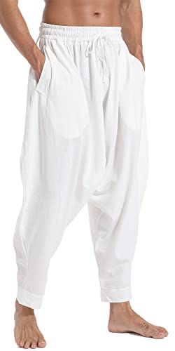 PACEIADTA Mens Casual Harem Pants Baggy Aladdin Hippie Elastic Waist Drop Crotch Trousers3
