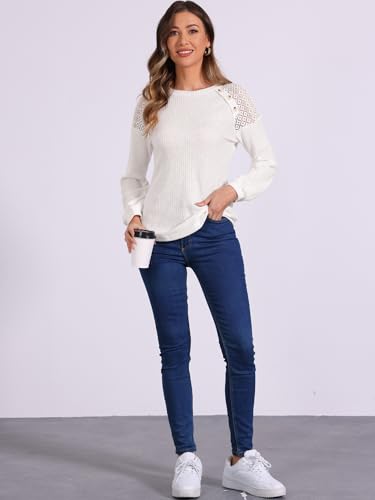 Image of Allegra K Women's Chic Lace-Trimmed Crew Neck Tee Shirt Button Decor Long Sleeve Knit Sweater Top