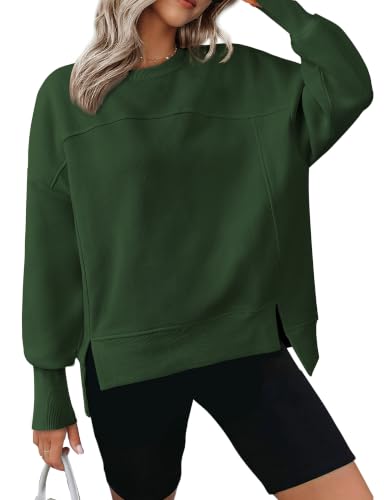 BTFBM Womens Casual Crewneck Sweatshirts Long Sleeve Side Slit Workout Fleece Pullover Top 2026 Fall Fashion Clothing(Dark Green Medium)