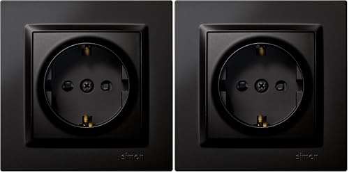 SIMON - Enchufe de Empotrar Schuko, Serie Simon 10, 250V, 16 A, Enchufe de Pared Plano y Fino, Fácil de Instalar, Incluye Marco, Tapa y Mecanismo, Base de Enchufe Hembra Color Negro (Paquete de 2)