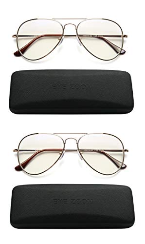 EYE ZOOM 2 Pack Blue Light Blocking Readers Aviator Style Anti Blue Ray and UV Reading glasses, Gold, +2.00