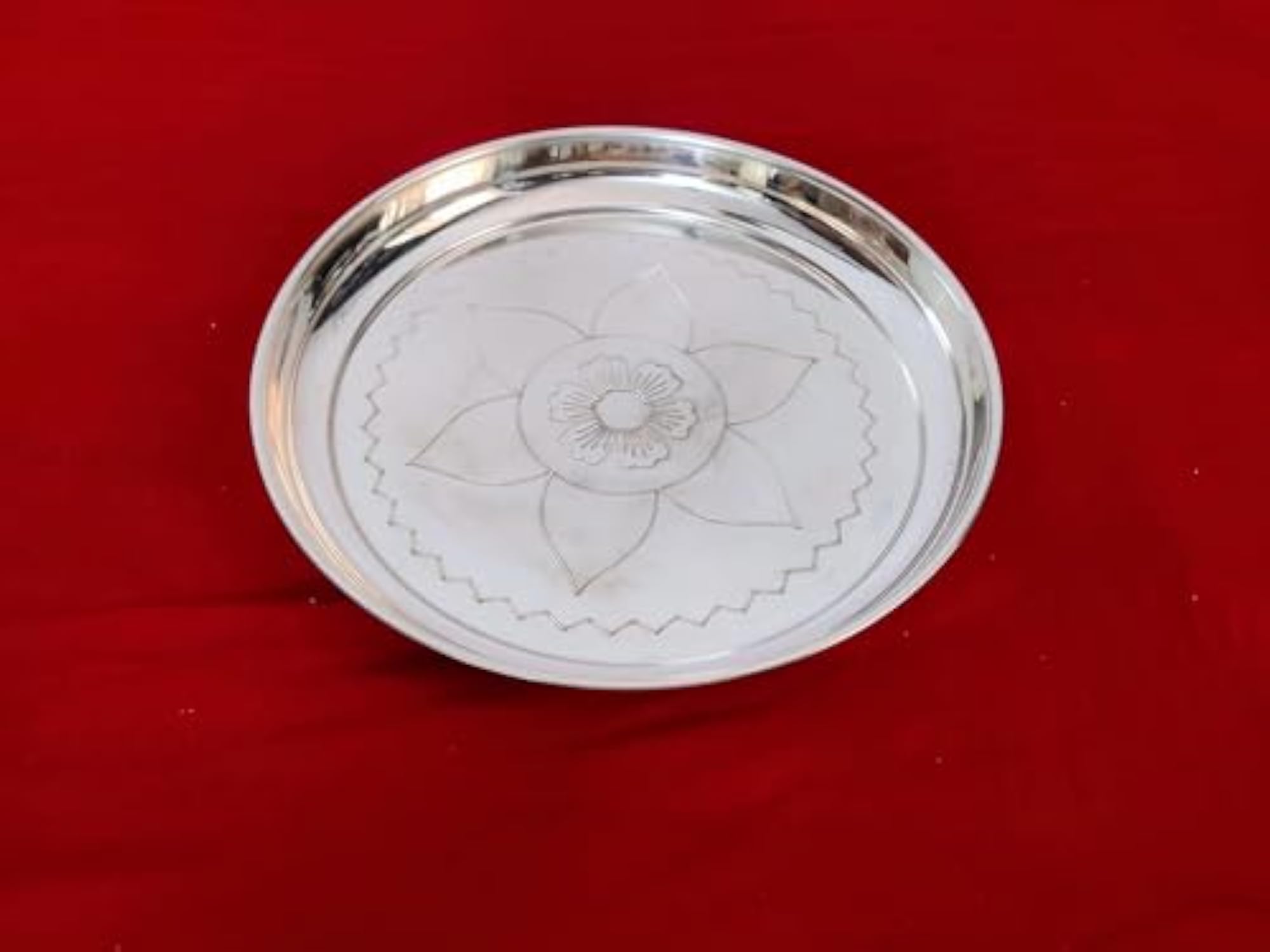 German Silver Pooja Tray with Round Base, Decorative Gift