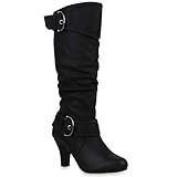 Warm gefütterte Stiefel Damen Winterstiefel Elegante Schnallen Trichterabsatz Wildlederoptik Booties 42738 Schwarz Schnallen 41 Flandell
