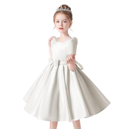 dideyttawl Short Satin Flower Girls Dress for Wedding Big Bow Short Sleeves Prom Gowns for Girls 3-16 First Communion Dress4