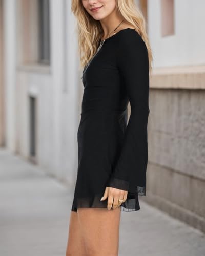 Women Sexy Boat Neck Backless Mesh Mini Dress Solid Slim Fit Bell Long Sleeve Self Tie Back Sheer Short Dresses3