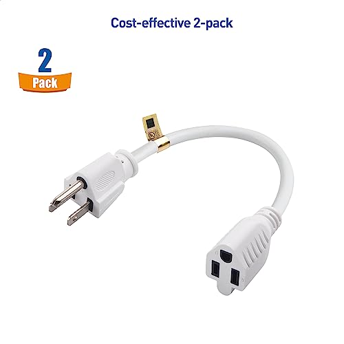 Cable Matters 2-Pack 16 Awg Heavy Duty Short Power Extension Cord 1 Ft In White, Ul Listed (Outlet Saver/Power Cord Extension / 3 Prong Extension Cords, Nema 5-15P To Nema 5-15R) #TOP1