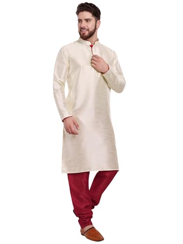 Image of SKAVIJ Mens Silk Blend Kurta Pyjama Set(Off White Large)
